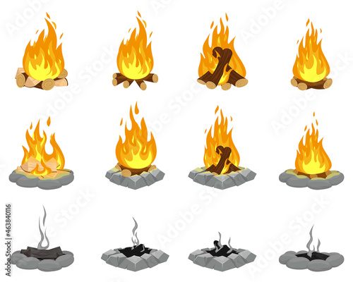 Creative colorful wood campfire flat illustration set. Outdoor bonfire, fire burning wooden logs and camping stone fireplace. Firewood flames, burn campfire or bonfire flame fireplace.