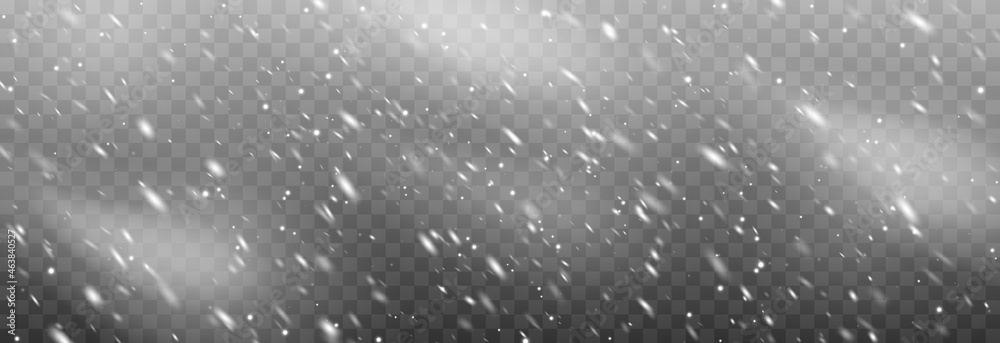 Vector snow. Snow on an isolated transparent background. Snowfall, blizzard, winter, snowflakes. Christmas image.