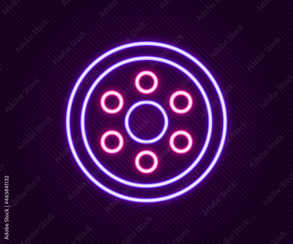 Glowing neon line Alloy wheel for a car icon isolated on black background. Colorful outline concept. Vector