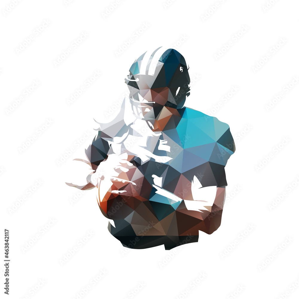American football player with ball, isolated low polygonal vector illustration. Geometric drawing from triangles, Football logo - obrazy, fototapety, plakaty 