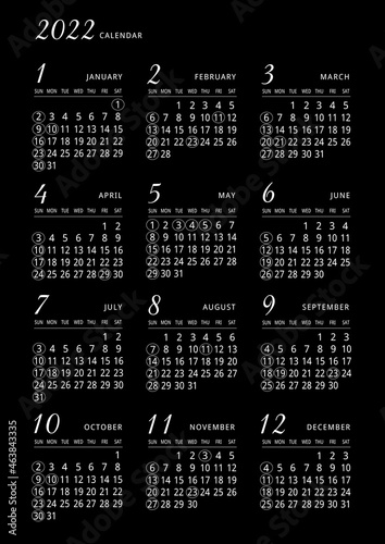 2022　年間カレンダー 　黒タテ