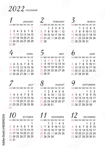 2022　年間カレンダー　背景白タテ型