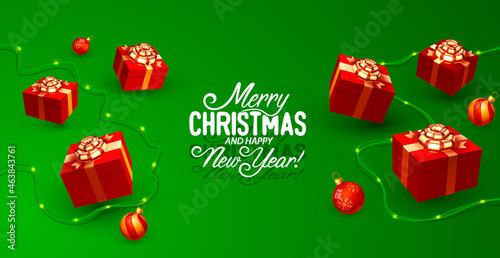 Merry Christmas Happy New Year tree with toys, card banner. Vector