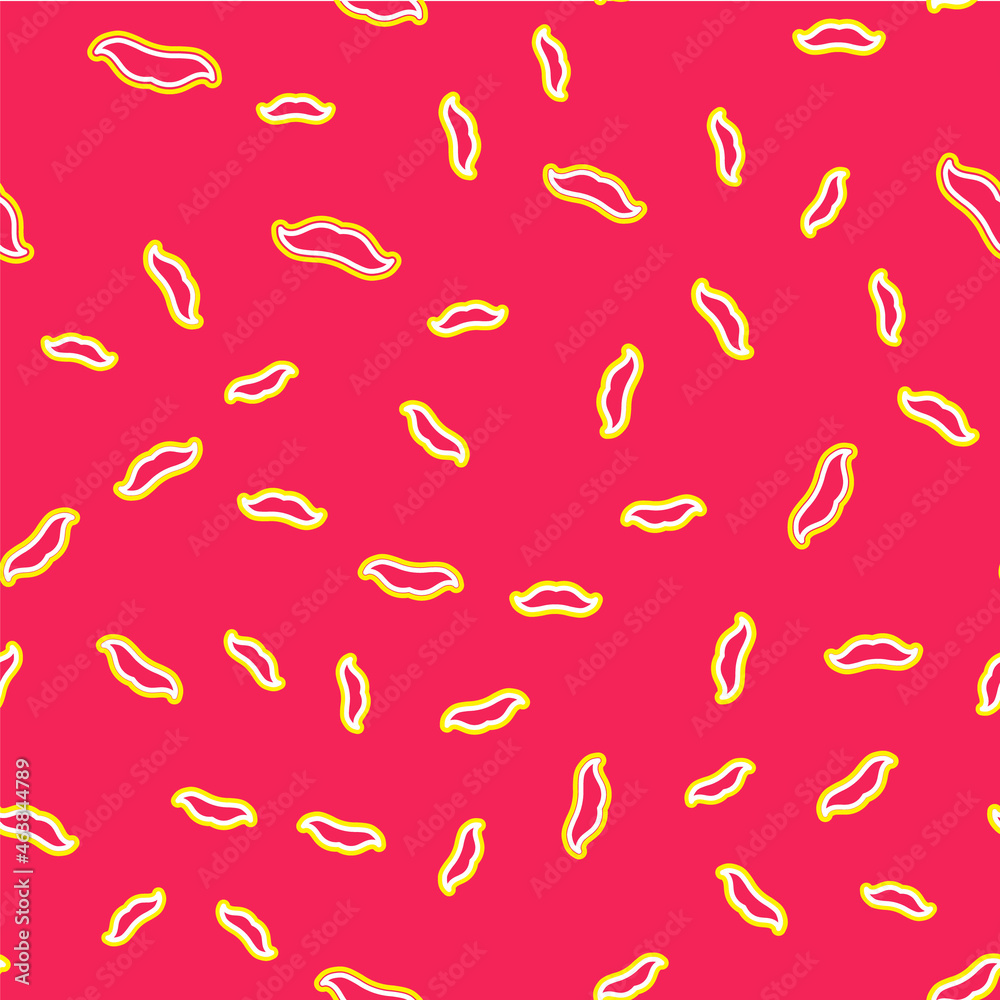 Line Mustache icon isolated seamless pattern on red background. Barbershop symbol. Facial hair style. Vector