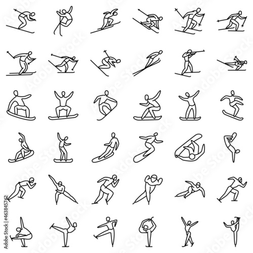 Winter sports - skier, speed skater, figure skating, ice skating, snowboarder. Icon set, vector, outline, isolated, 48x48 pixel.