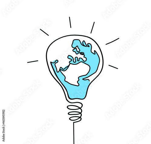 Abstract planet Earth in light bulb as line drawing on white as background