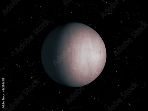 Realistic alien planet. Exoplanet with atmosphere and solid surface in space with stars. 