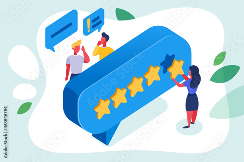 Character is rewarding the fifth star for customer service. Group clients of people chatting.