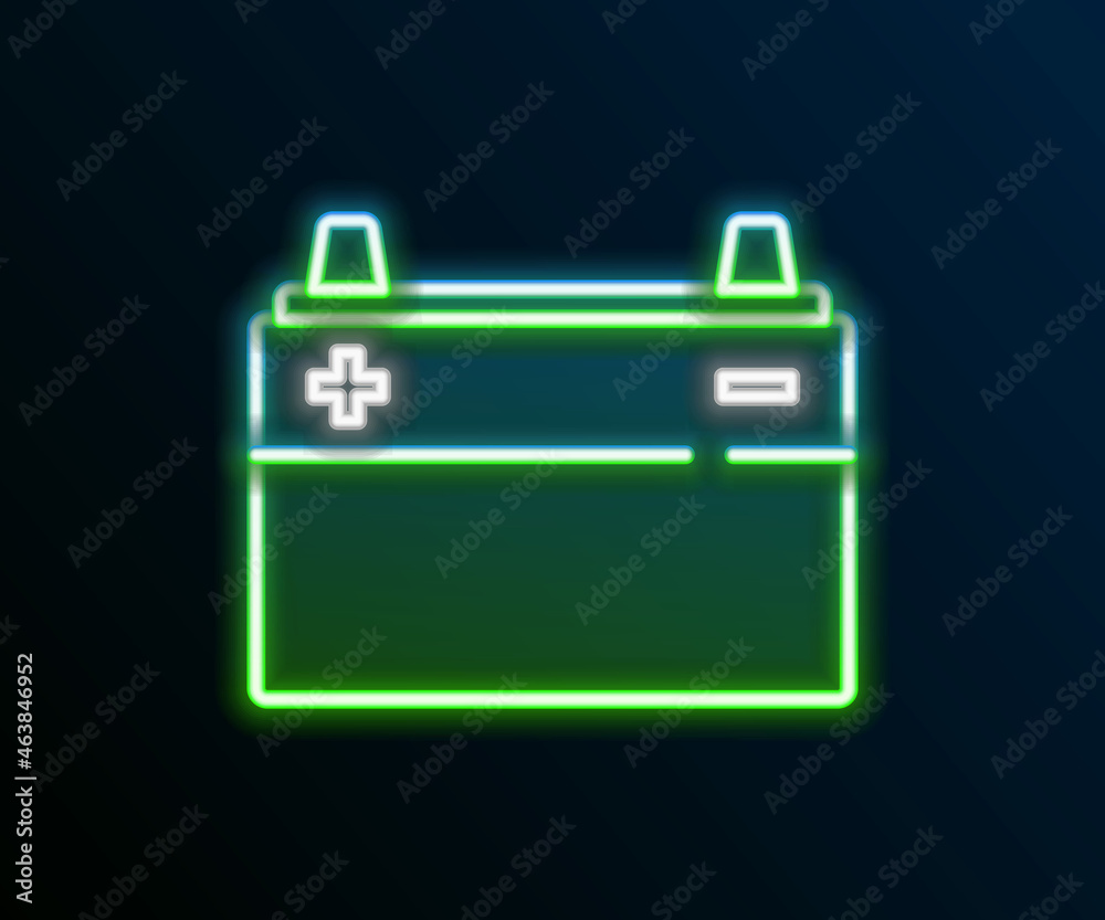 Glowing neon line Car battery icon isolated on black background. Accumulator battery energy power and electricity accumulator battery. Colorful outline concept. Vector Glowing neon line Car battery icon isolated on black background. Accumulator battery energy power and electricity accumulator battery. Colorful outline concept. Vector