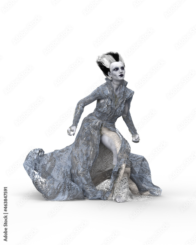 3D rendering of a fantasy monster bride running isolated on a white background. 3D rendering of a fantasy monster bride running isolated on a white background.