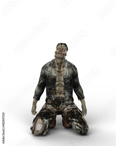 3D rendering of a fantasy horror story undead monster kneeling isolated on a white background. © IG Digital Arts