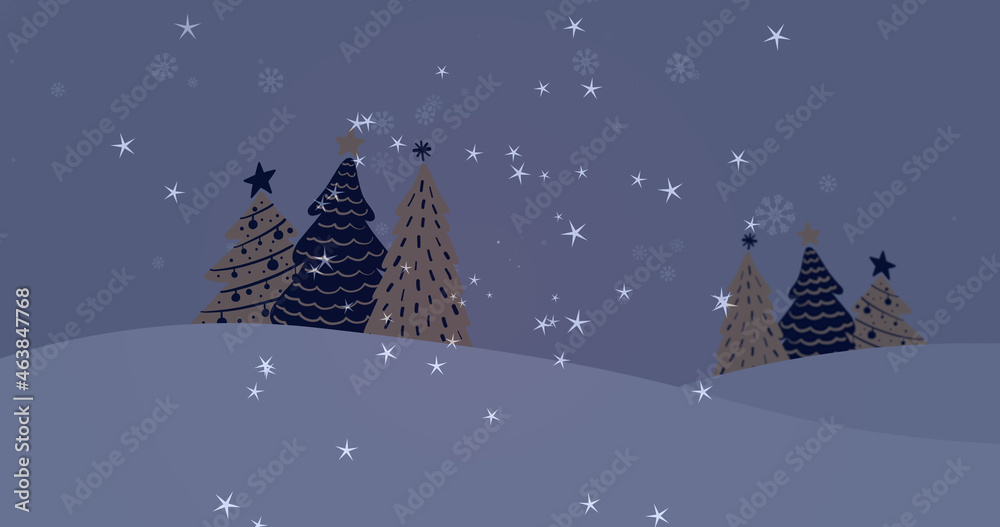 Image of stars falling over fir trees on dark background