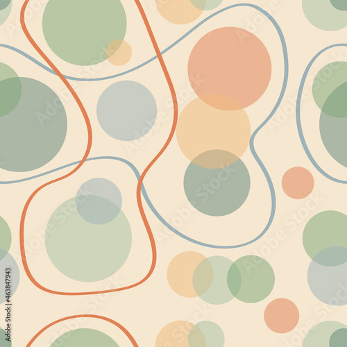 Colored background with circles and circles and smooth lines, flat cartoon drawing seamless. Contemporary design for fabric, packaging and wallpaper.