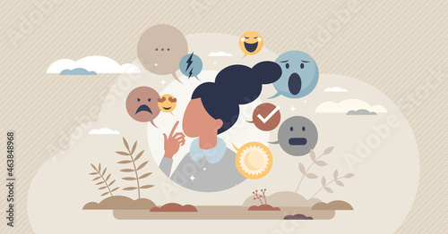 Mood disorder - bipolar emotion change metal problem, tiny person concept. Confusing inner feelings leading to stress, anxiety and life crisis. Suffering of positive and negative state contrasts.