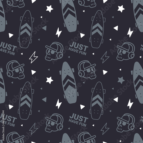 Vector Dark Illustration of Textured Board and Skull in Headphones. Skateboarding Seamless Pattern with Cartoon Skateboard. Line Art Style Skate on Black Color Background