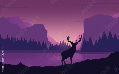 sunrise in the mountains with deer