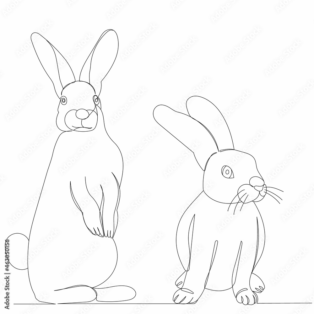 Obraz premium hares, rabbits drawing by one continuous line, vector