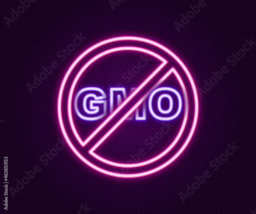 Glowing neon line No GMO icon isolated on black background. Genetically modified organism acronym. Dna food modification. Colorful outline concept. Vector
