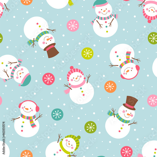 Cute snowman illustration with snowflakes seamless pattern background.