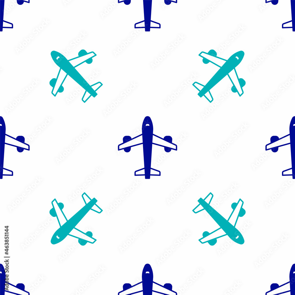 Blue Plane icon isolated seamless pattern on white background. Flying airplane icon. Airliner sign. Vector Blue Plane icon isolated seamless pattern on white background. Flying airplane icon. Airliner sign. Vector
