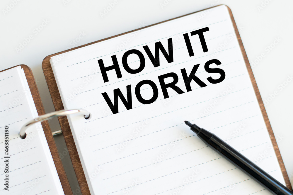 How it works text on a notebook next to a black marker on a white background How it works text on a notebook next to a black marker on a white background