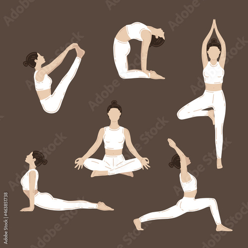 Young slim women doing yoga exercises. Set of vector illustrations photo