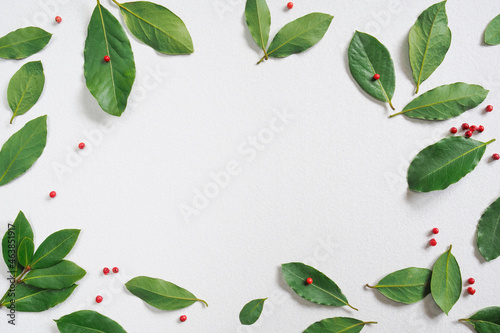 Fresh bay leaves. Frame of laurel and pink pepper Schinus terebinthifolius on white background. Copy space
