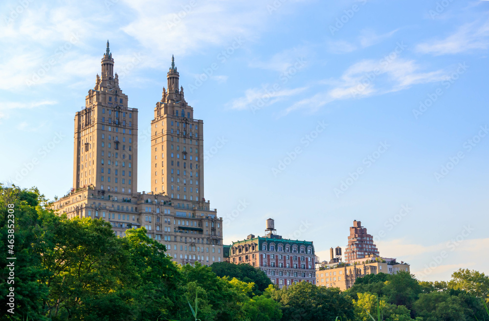 Manhattan skyline and skyscrapers background. View from Central Park in New York City