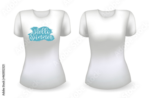 Blank white female t shirt realistic template and white t shirt with label. Hello summer badge. Vector