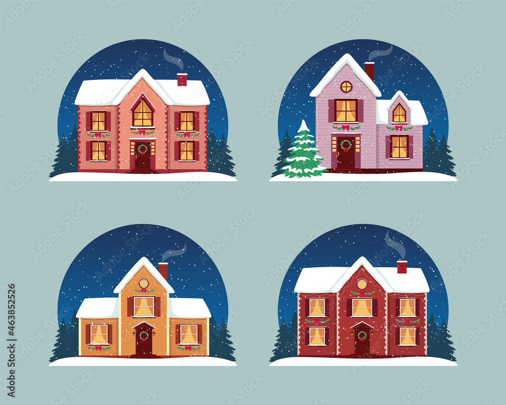 Set of decorated houses. Buildings in winter. Christmas vector illustration. Set of decorated houses. Buildings in winter. Christmas vector illustration.