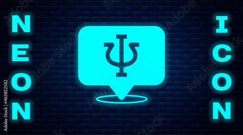 Glowing neon Psychology icon isolated on brick wall background. Psi symbol. Mental health concept, psychoanalysis analysis and psychotherapy. Vector