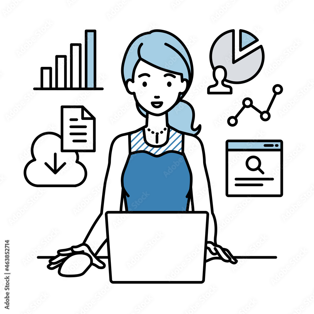 デスクで座ってPCを開いてリサーチしたりデータを分析してレポートにまとめているドレスの女性