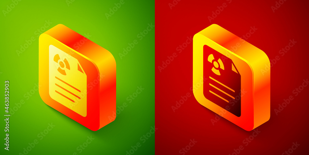Isometric Radiation warning document icon isolated on green and red background. Text file. Square button. Vector Isometric Radiation warning document icon isolated on green and red background. Text file. Square button. Vector