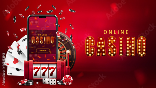 Online casino, red banner with smartphone, red slot machine, Casino Roulette, poker chips and playing cards.