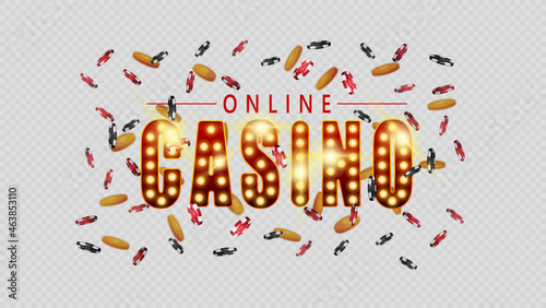 Online casino, symbol in vintage casino style with gold lamp bulbs isolated on white background. Sign with casino chips and gold coins flying around