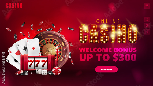 Photographie Online casino, banner for website with interface elements, symbol with gold lamp bulbs, slot machine, Casino Roulette, poker chips and playing cards