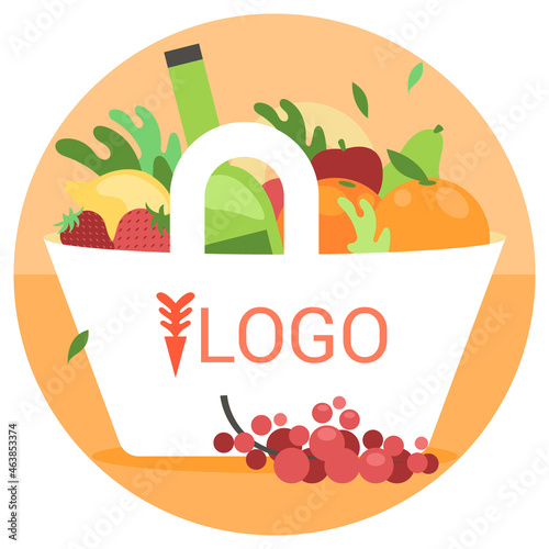 Panier sac courses légume fruit marché producteur bio organique local raisin huile olive fraise frais orange vert sain santé équilibre alimentaire logo présentation