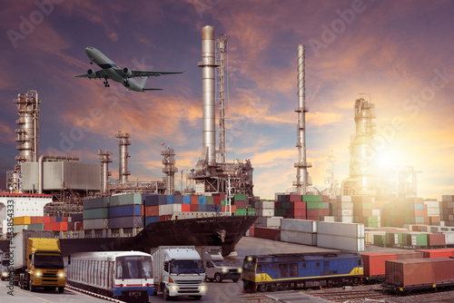 cargo plane flying above container dock and ship port use for transportation and freight logistic industry business