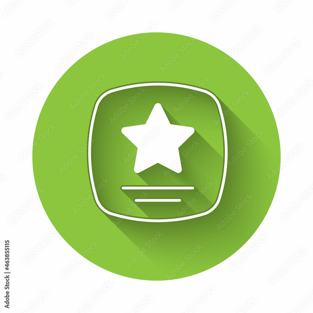 White Walk of fame star on celebrity boulevard icon isolated with long shadow background. Hollywood, famous sidewalk, boulevard actor. Green circle button. Vector White Walk of fame star on celebrity boulevard icon isolated with long shadow background. Hollywood, famous sidewalk, boulevard actor. Green circle button. Vector