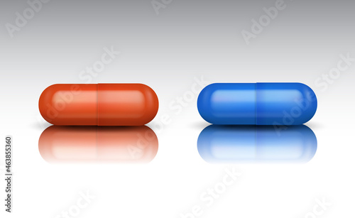 Vector realistic blue and red capsule pills with reflection