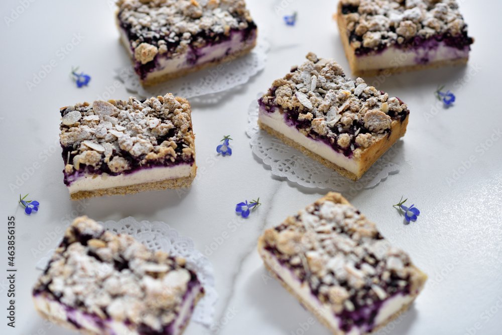 Vegan marzipan and blueberry cheesecake with almond crumbles Vegan marzipan and blueberry cheesecake with almond crumbles