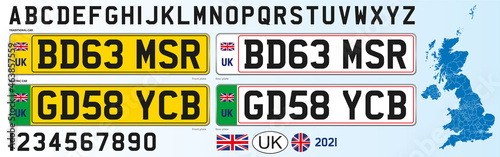 United Kingdom license plate new design 2021, numbers, lettering and symbols, vector illustration photo