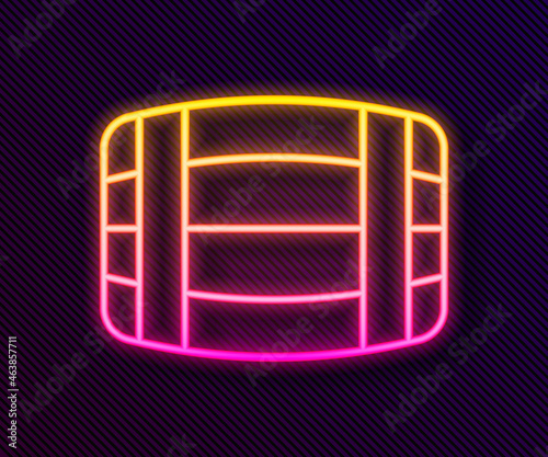 Glowing neon line Wooden barrel icon isolated on black background. Alcohol barrel, drink container, wooden keg for beer, whiskey, wine. Vector