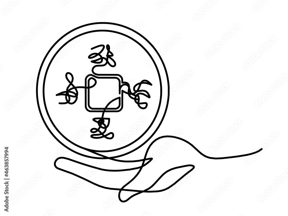 Obraz premium Abstract chinese coin as continuous lines drawing on white background. Vector