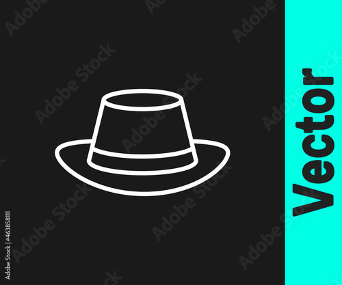 White line Oktoberfest hat icon isolated on black background. Hunter hat with feather. German hat. Vector
