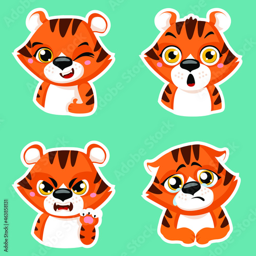 Set of cute little tiger cartoon animal stickers design flat vector illustration isolated on white background