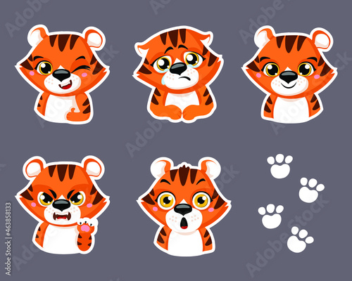 Set of cute little tiger cartoon animal stickers design flat vector illustration isolated on white background