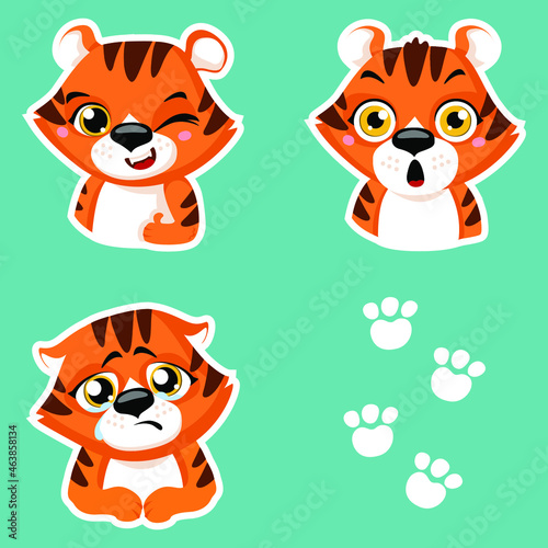 Set of cute little tiger cartoon animal stickers design flat vector illustration isolated on white background