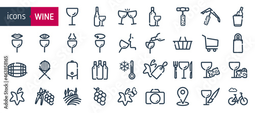 Set icons of wine. Icons bottles and wine glasses, shop, tasting, food, cellar, vineyards, wine tourism and activities.