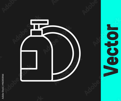 White line Dishwashing liquid bottle and plate icon isolated on black background. Liquid detergent for washing dishes. Vector
